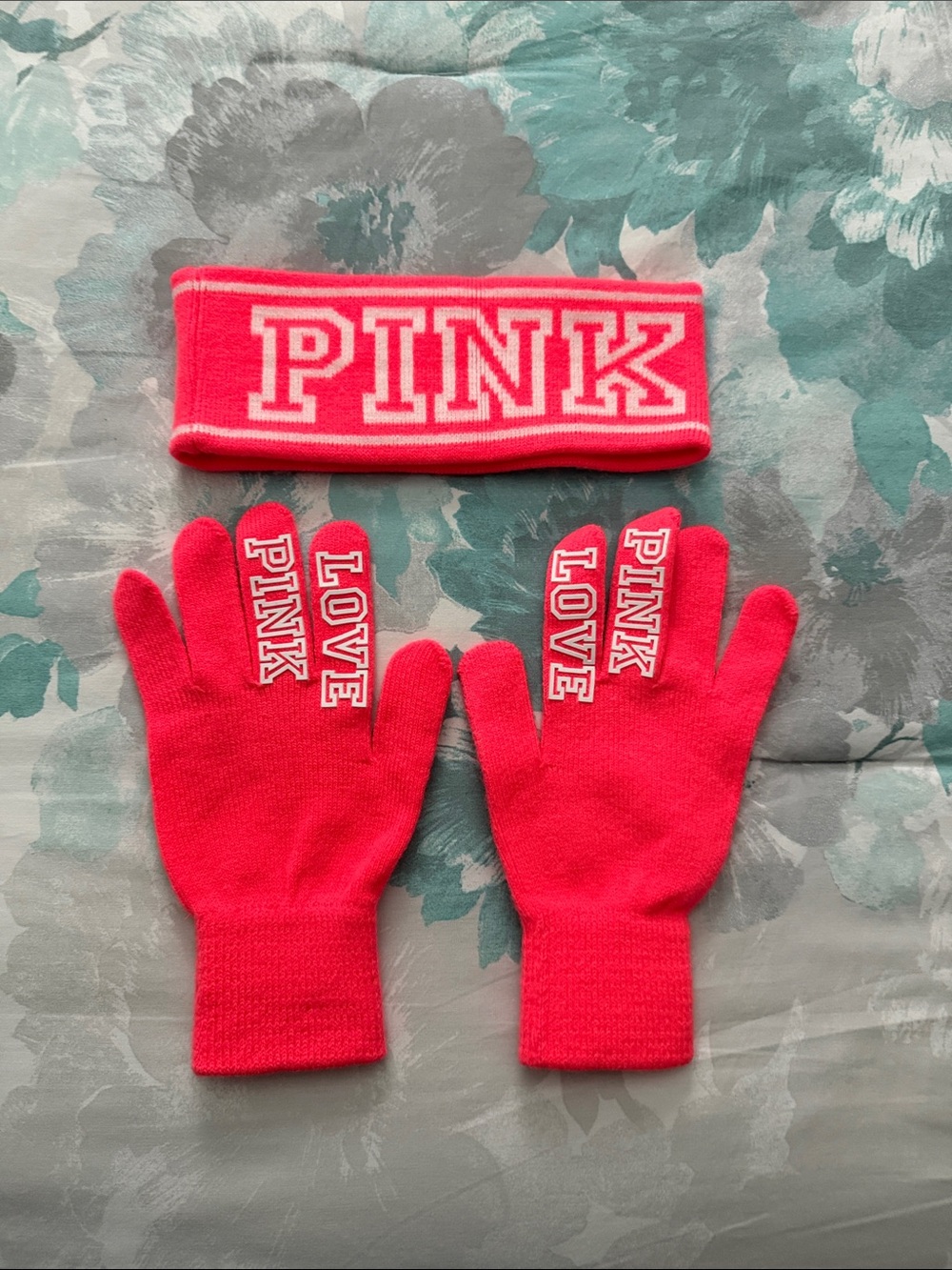 PINK Victoria's Secret Kids Neon Pink Headband and Gloves Set